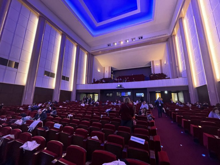 Participants taking their seats in a red-seated auditorium for AFCDP’s annual conference
