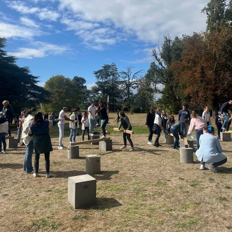 Équipes de Cerfrance réparties sur un parcours de plots posés sur la pelouse d’un parc, pendant leur journée team building