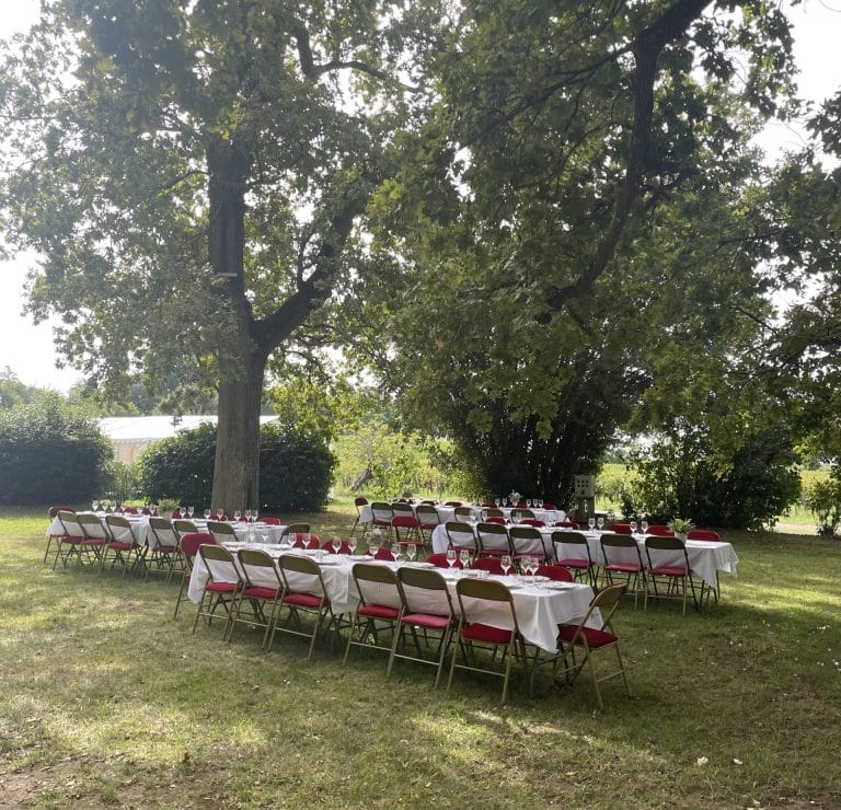 Longues tables nappées de blanc et chaises rouges dressées en plein air sous de grands arbres, pour le séminaire de l’Université de Bordeaux