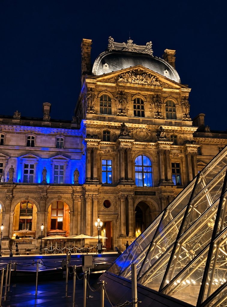 Façade illuminée du palais du Louvre et pyramide de verre, de nuit, cadre du dîner d’Iron Mountain pour ses clients et partenaires