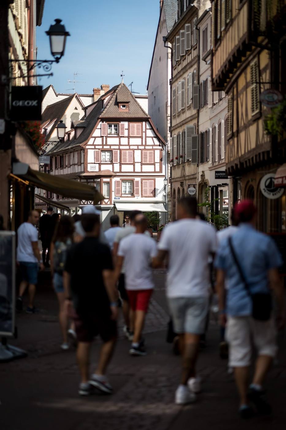 Participants du séminaire annuel d'Elanco, organisé par Weevup, marchant dans une rue pavée bordée de maisons à colombages, en Alsace
