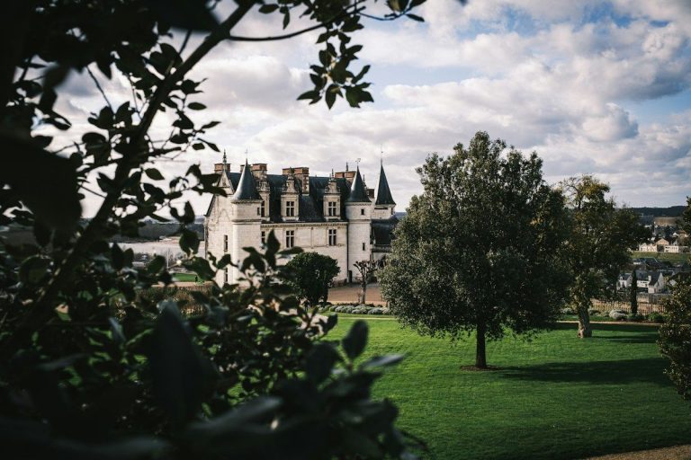 Le château royal d’Amboise vu depuis ses jardins, entre les arbres