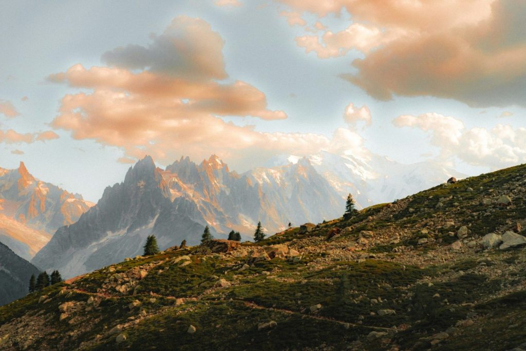 Pentes boisées et sommets enneigés de la vallée de Chamonix, dans le massif du Mont-Blanc