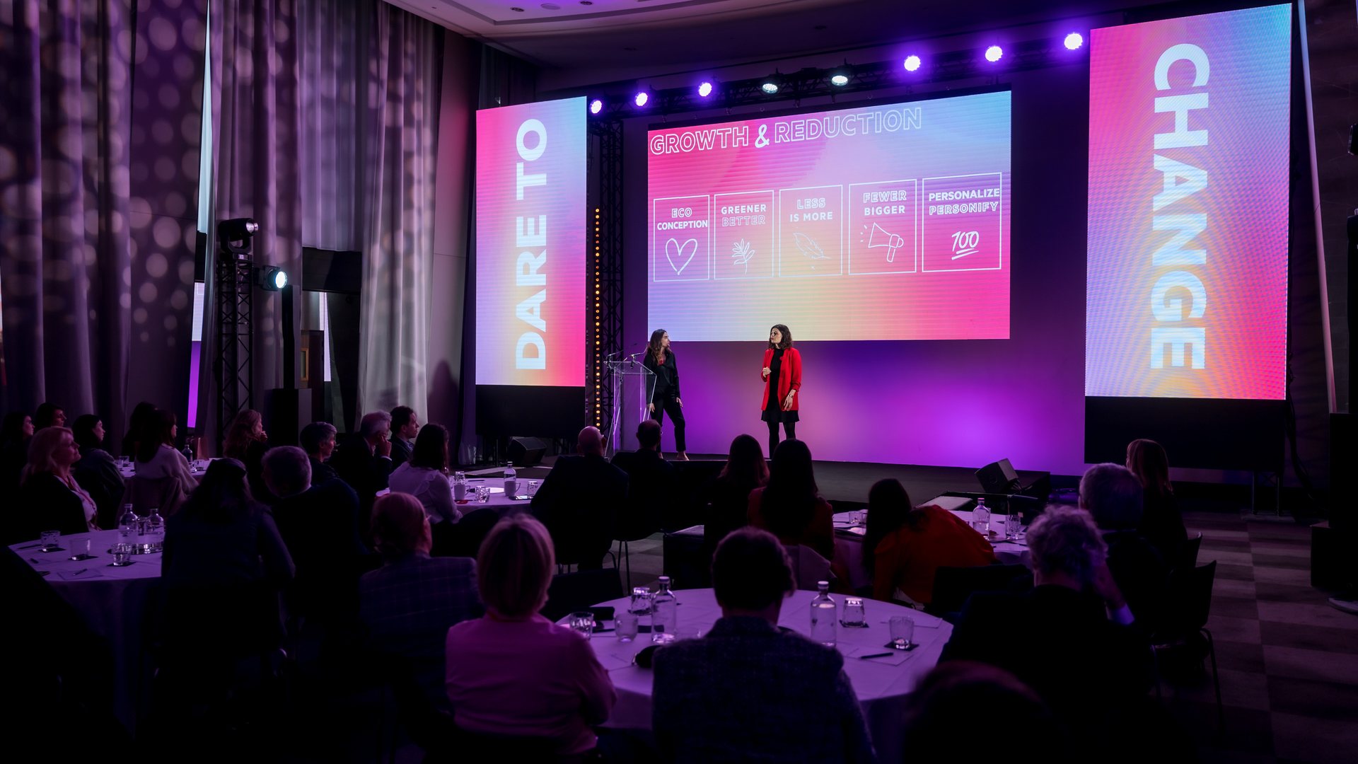 Plénière du séminaire international SVR organisé par Weevup : deux intervenantes sur scène devant un écran « Growth & Reduction », entre deux écrans « Dare to change », face aux participants installés en tables rondes