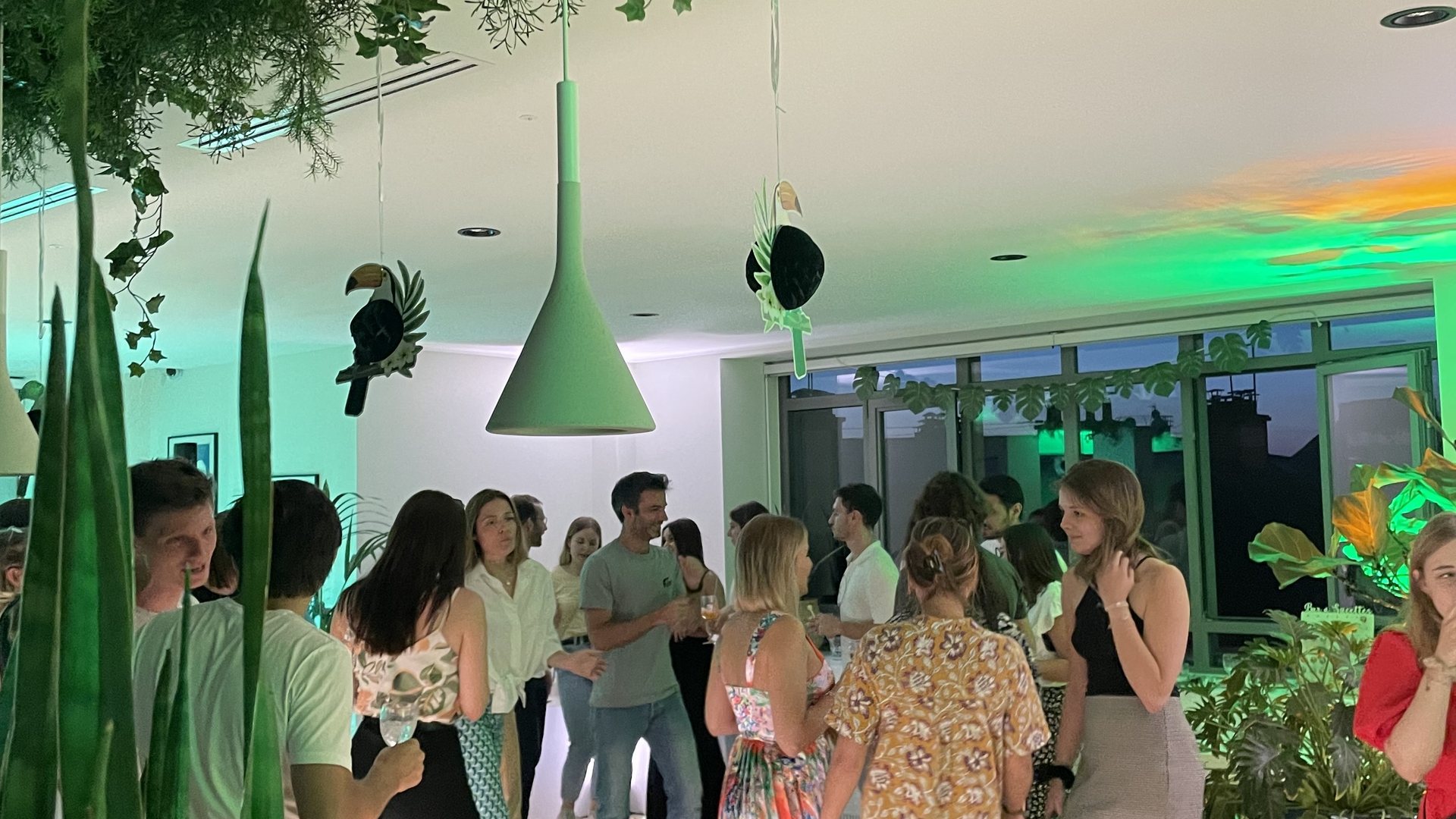 Collaborateurs d'Havea Group réunis dans leurs locaux, sous des plantes suspendues et des toucans décoratifs, pendant la summer party organisée par Weevup