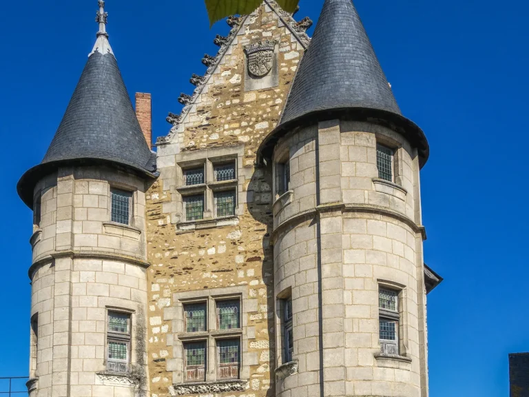 Les deux tourelles coiffées d’ardoise du châtelet du château d’Angers, sous un ciel bleu