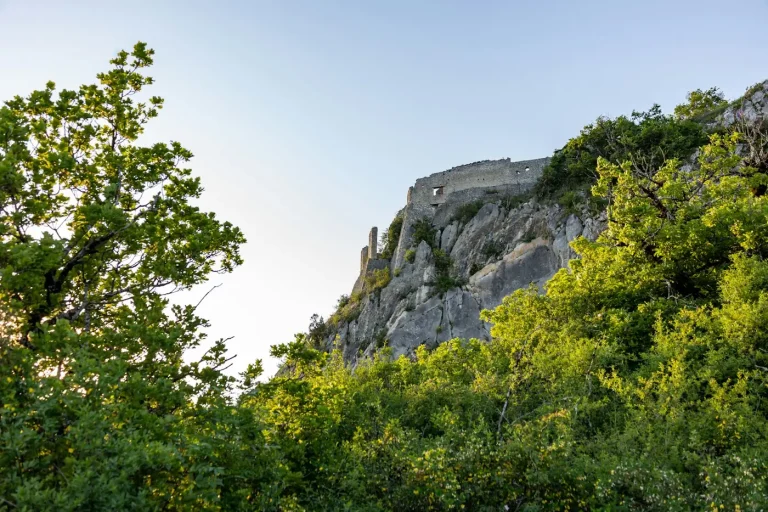 Les remparts de la Bastille au sommet de la falaise, au-dessus des arbres, à Grenoble