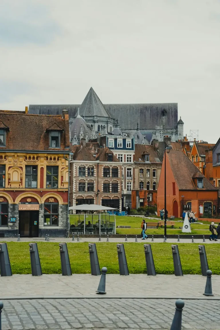 Façades anciennes du Vieux-Lille et, derrière leurs toits, la cathédrale Notre-Dame-de-la-Treille