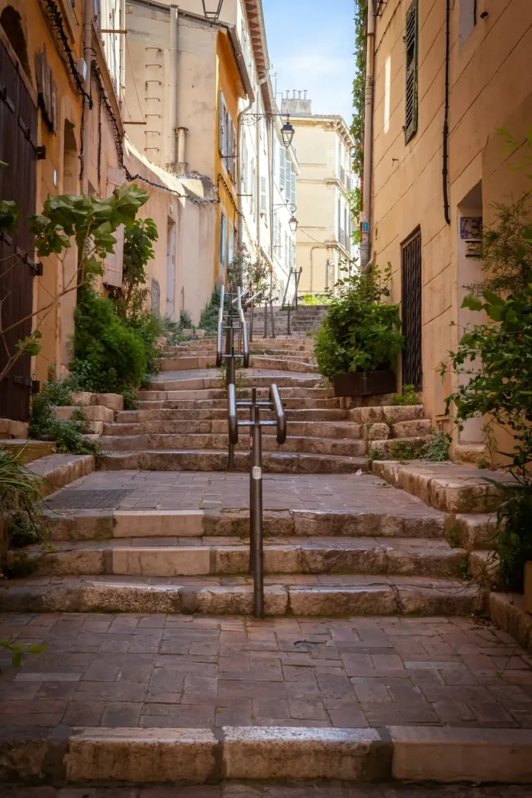 Escaliers de pierre bordés de plantes et de façades anciennes, dans le quartier du Panier, à Marseille