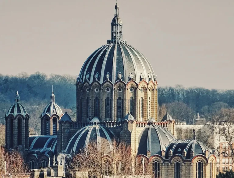 Les coupoles de la basilique Sainte-Clotilde, à Reims, devant une colline boisée
