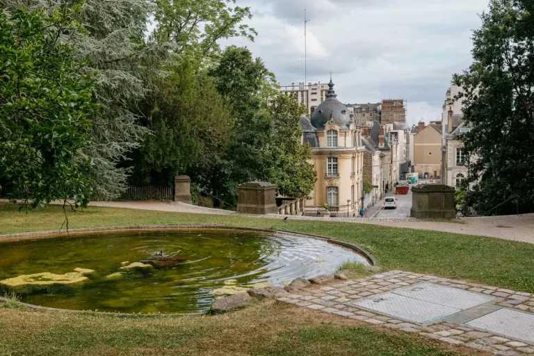 Bassin et grands arbres du parc du Thabor, avec les toits de Rennes en arrière-plan