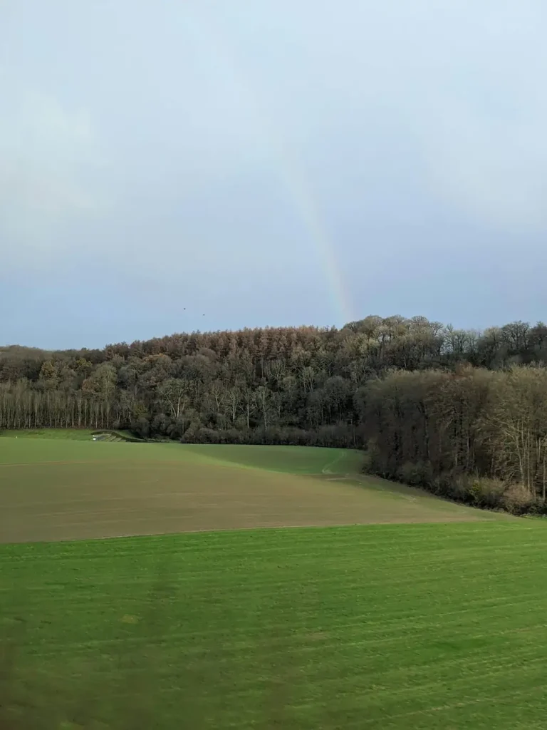 Champs et lisière de forêt sous un arc-en-ciel, dans la campagne normande autour de Rouen