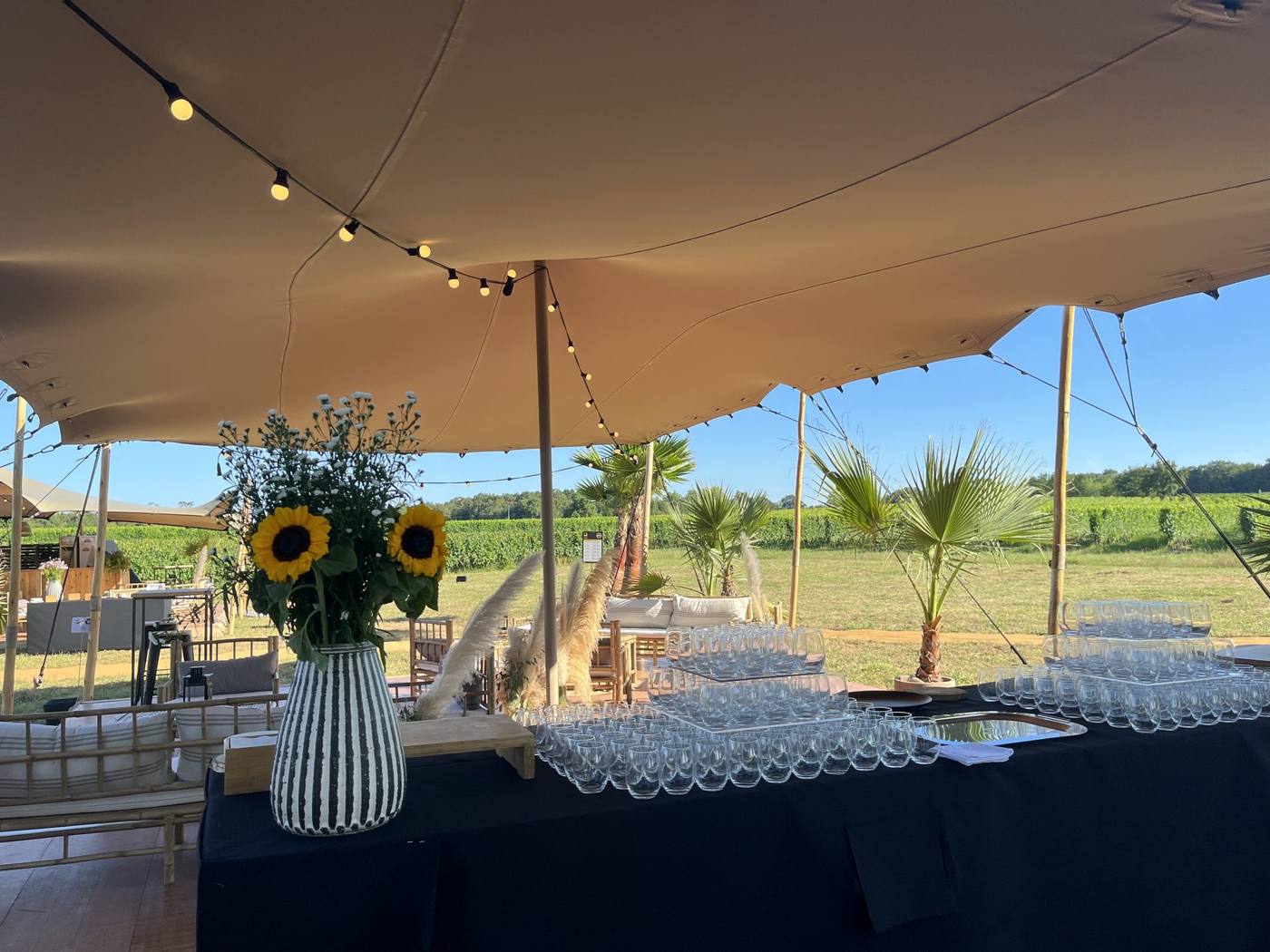 Buffet dressé sous une tente tendue, avec un bouquet de tournesols et des rangées de verres, face aux vignes, pendant le séminaire organisé par Weevup au château Lafitte
